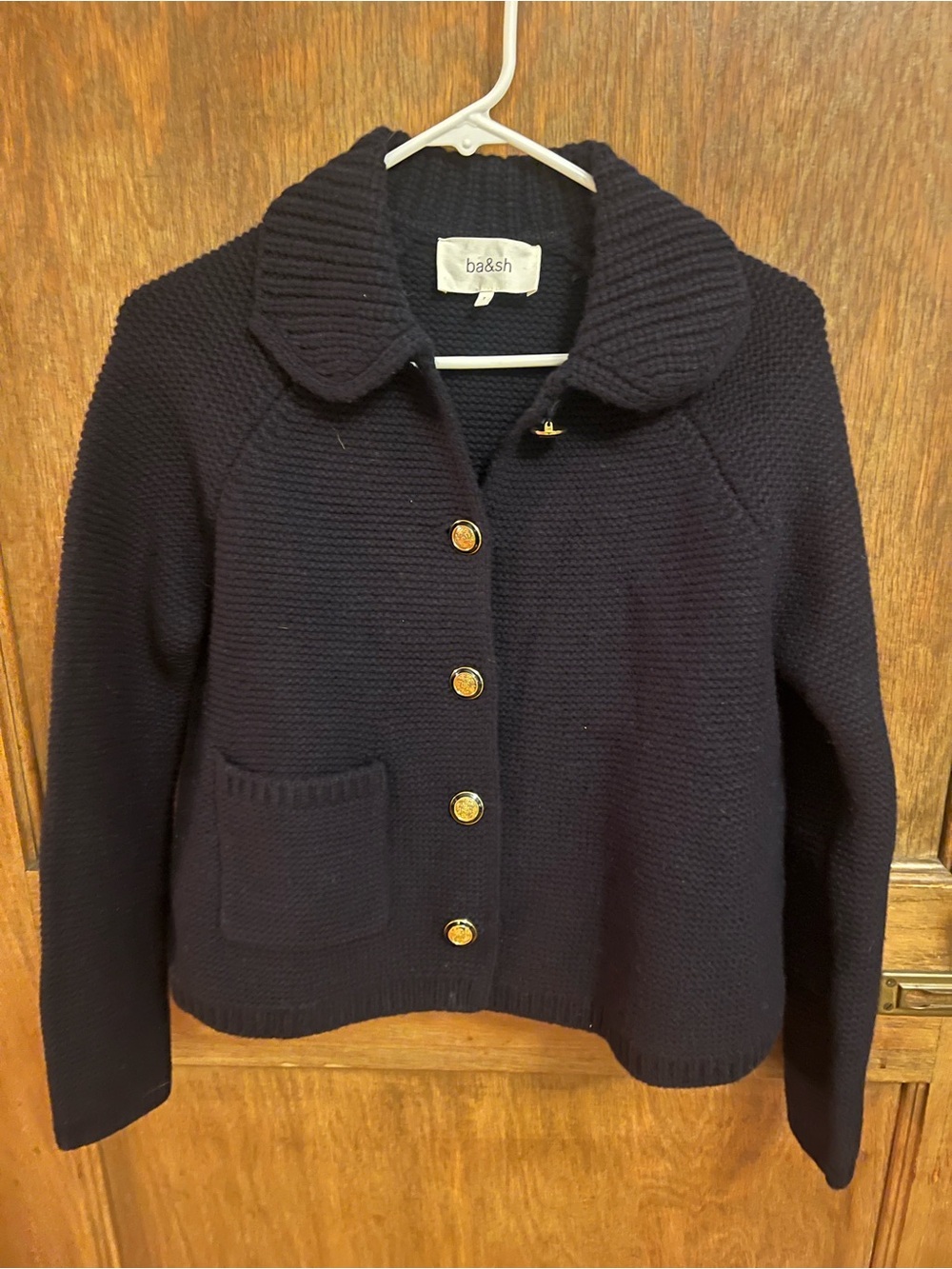 ba&sh Navy Knit Button-Front Jacket with Gold Buttons
